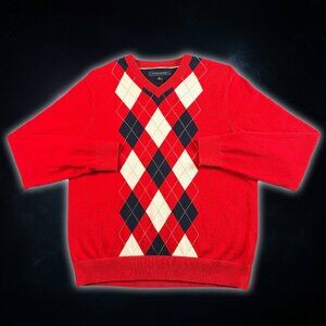 Tommy Hilfiger Red V Neck Argyle Long Sleeve Embroidered Logo Sweater Men's M